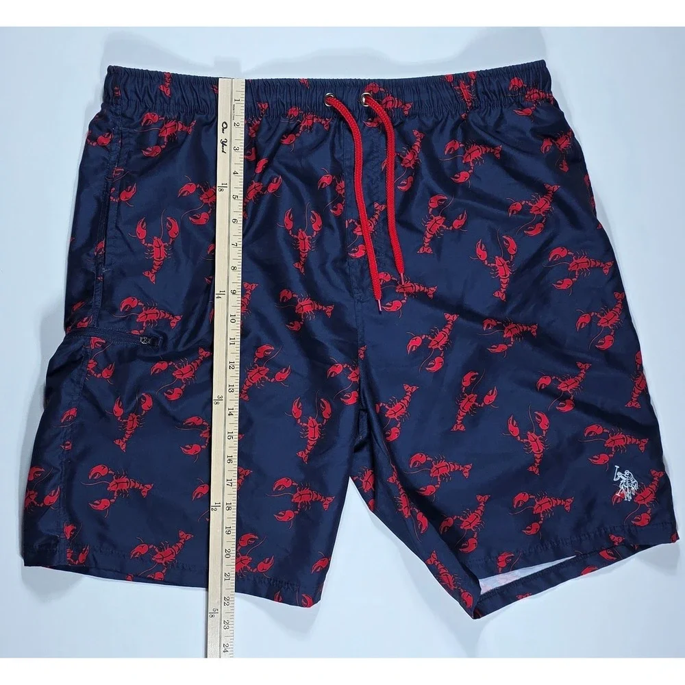 US Polo Assn Men's XXL Swim Trunks Navy Blue Red Lobster Print Board Shorts Mesh